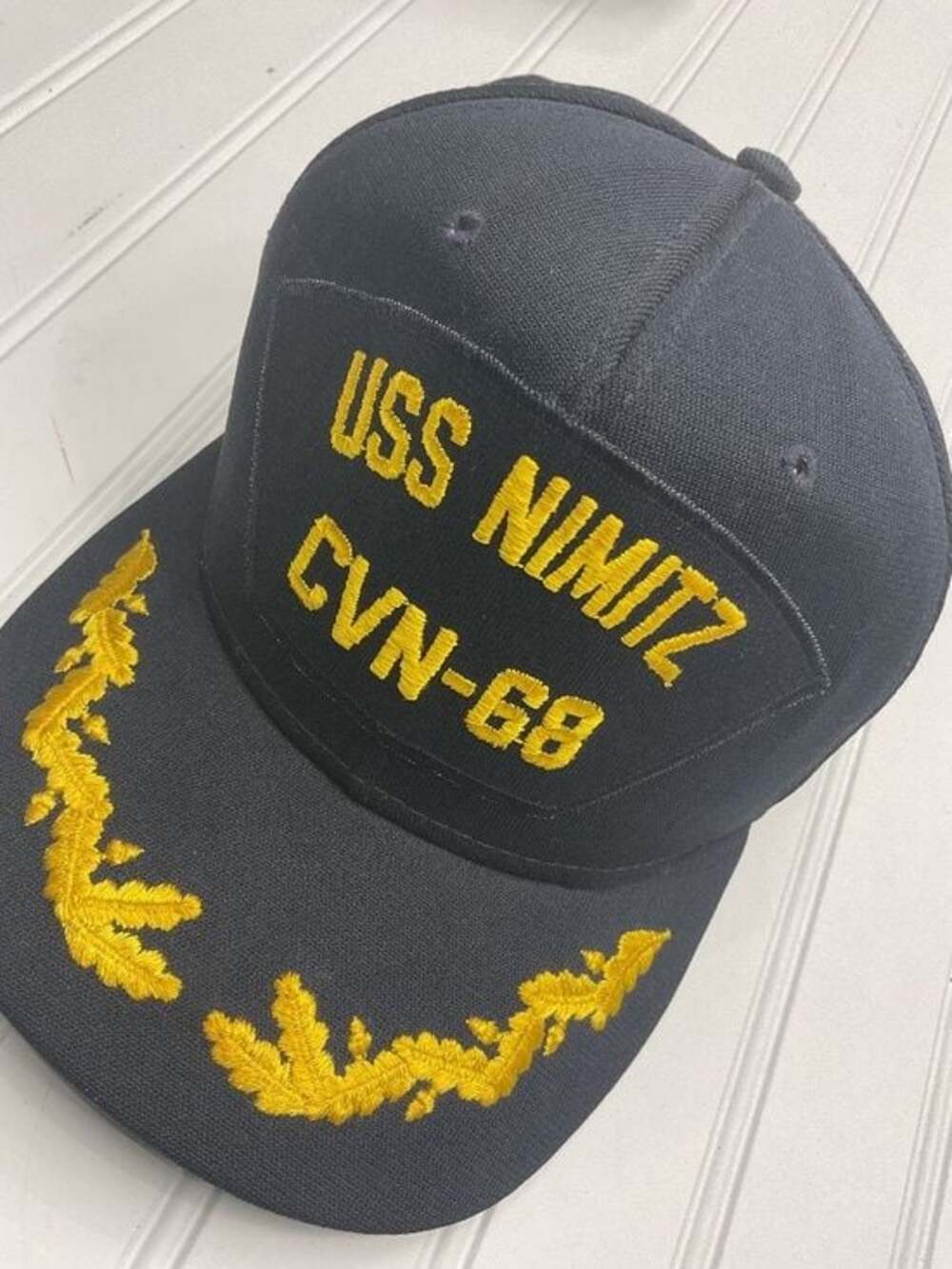 Vintage 1980s USS Nimitz CVN‑68 Snapback Hat Navy Gold Leaves Pro Model USA